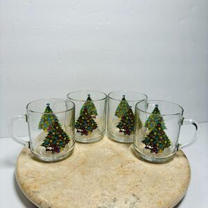 NOS 4 Luminarc Carlton‎ Glass 10 oz Crystal CHRISTMAS Tree Mugs Cups Ornaments